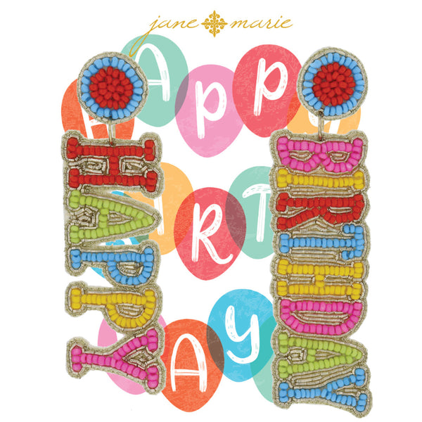 Beaded Post with Happy Birthday in Gold and Multi Earrings