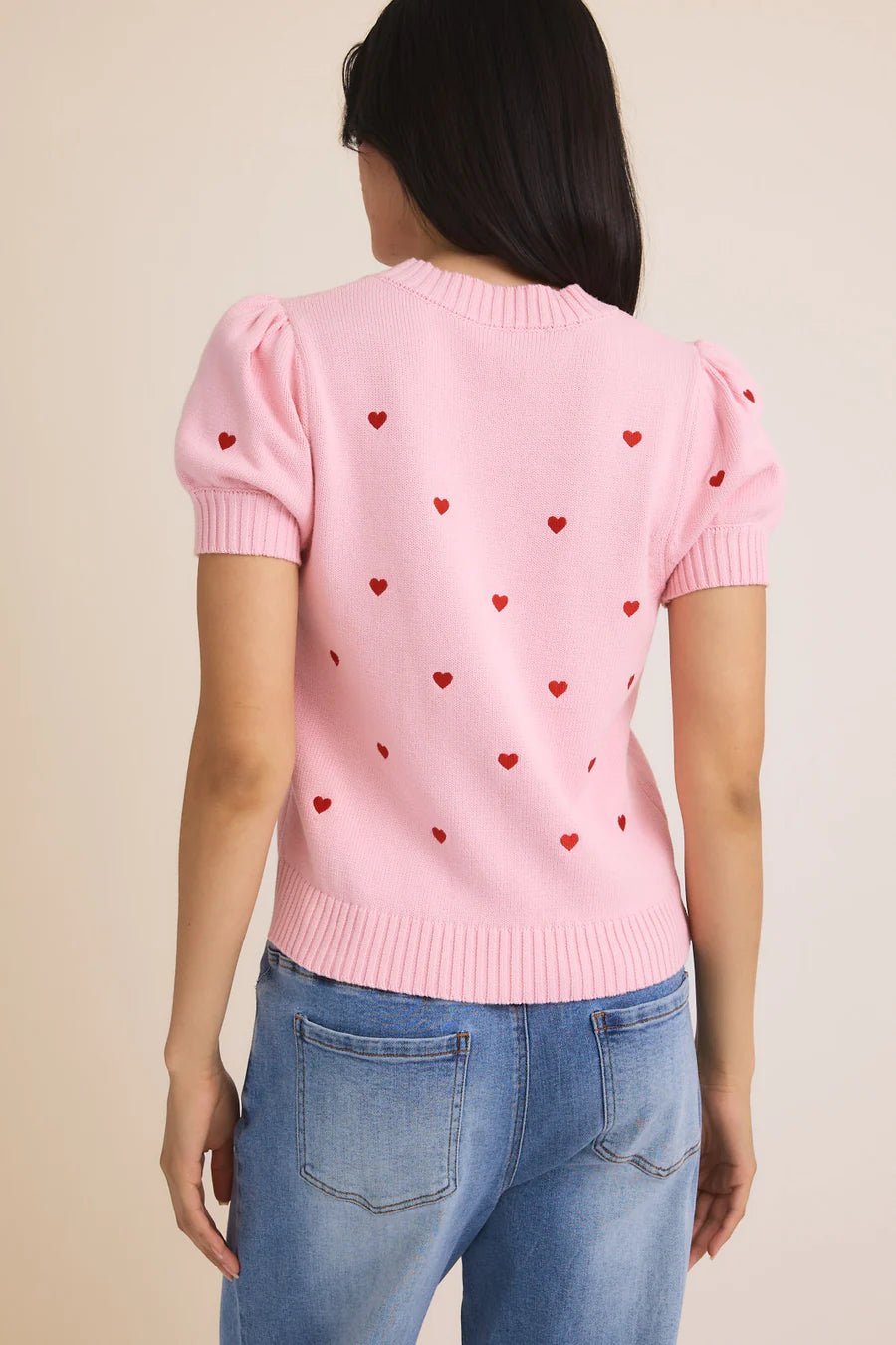 Gilli Round Neck Puff Short Sleeve Heart Embroidered Sweater Top - Blush & Cactus