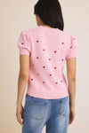 Gilli Round Neck Puff Short Sleeve Heart Embroidered Sweater Top - Blush & Cactus