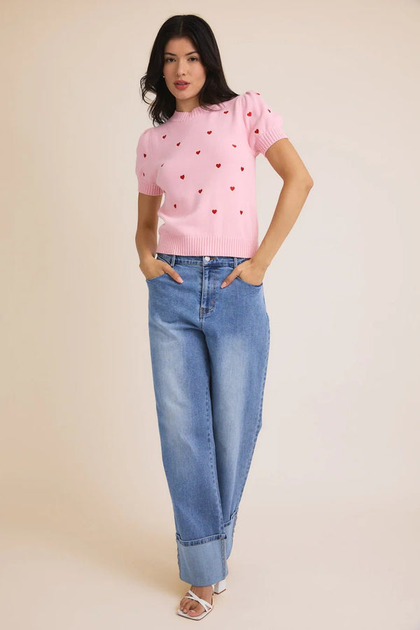 Gilli Round Neck Puff Short Sleeve Heart Embroidered Sweater Top - Blush & Cactus