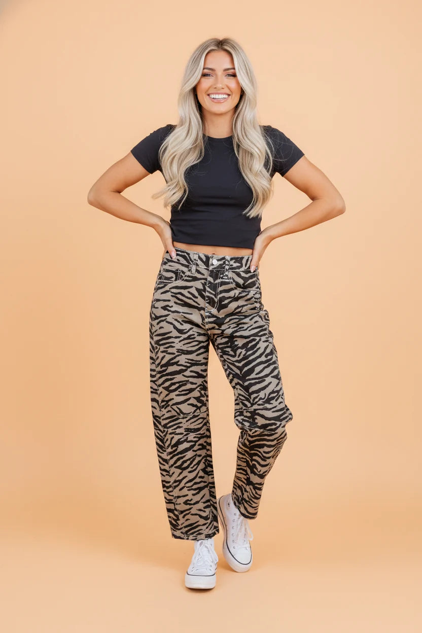 Zebra Stripe Denim Wide Barrel Leg Jeans