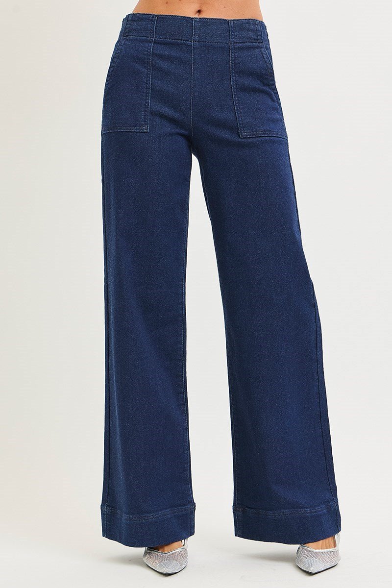 Risen Elastic Band High Rise Wide Jeans with Patch Pockets - Blush & Cactus