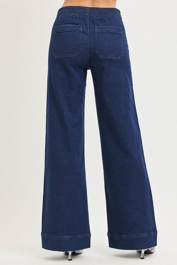 Risen Elastic Band High Rise Wide Jeans with Patch Pockets - Blush & Cactus