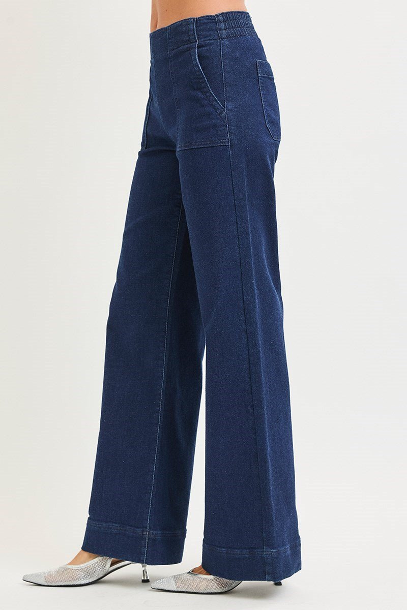 Risen Elastic Band High Rise Wide Jeans with Patch Pockets - Blush & Cactus