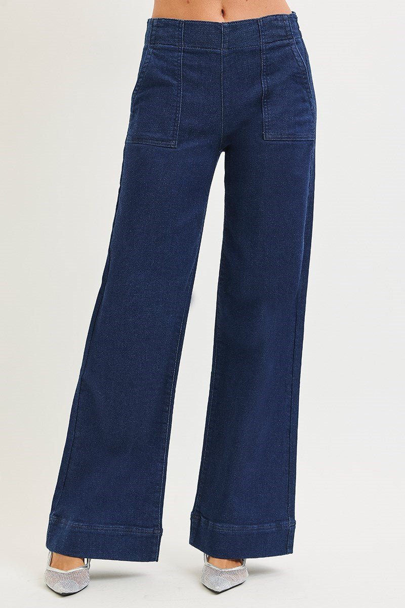 Risen Elastic Band High Rise Wide Jeans with Patch Pockets - Blush & Cactus