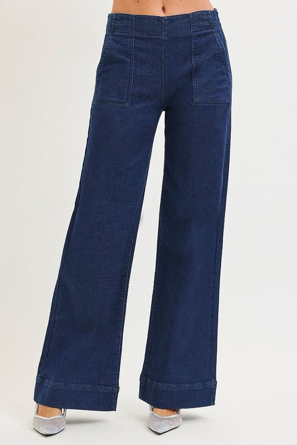 Risen Elastic Band High Rise Wide Jeans with Patch Pockets - Blush & Cactus