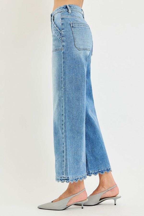 Risen High Rise Crop Wide Leg Jeans w/scallop Patch Pockets