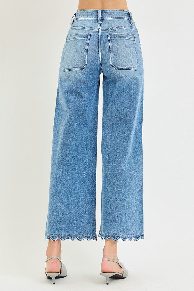 Risen High Rise Crop Wide Leg Jeans w/scallop Patch Pockets