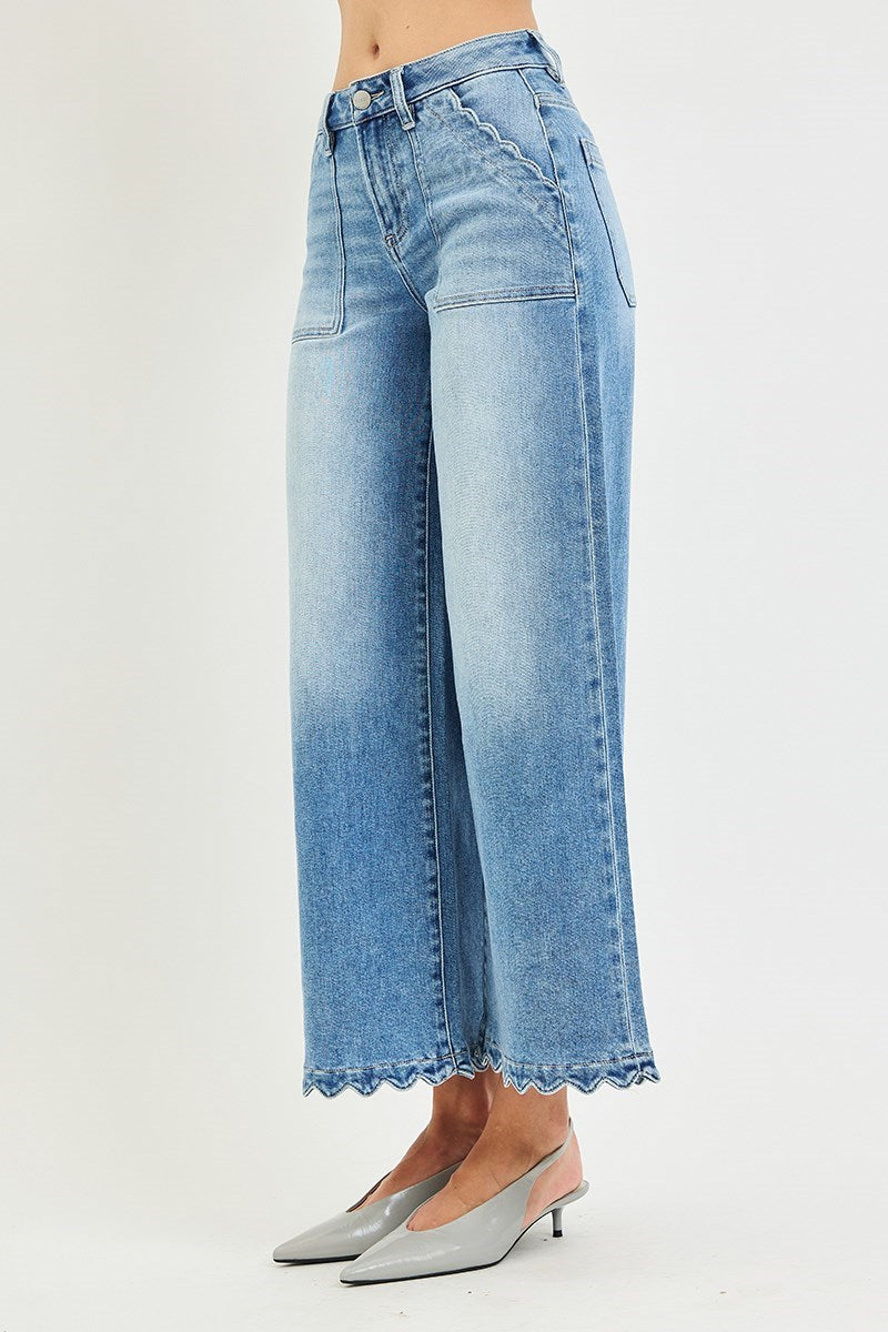 Risen High Rise Crop Wide Leg Jeans w/scallop Patch Pockets
