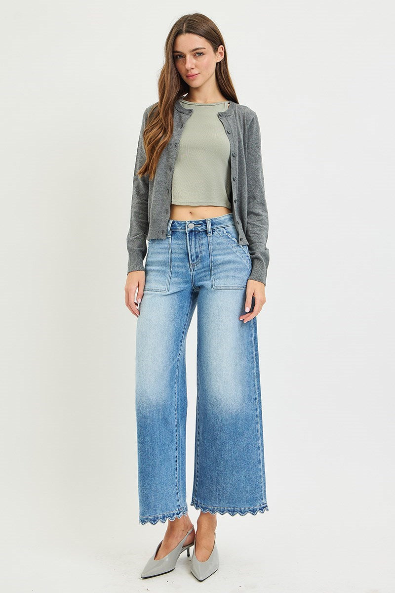 Risen High Rise Crop Wide Leg Jeans w/scallop Patch Pockets