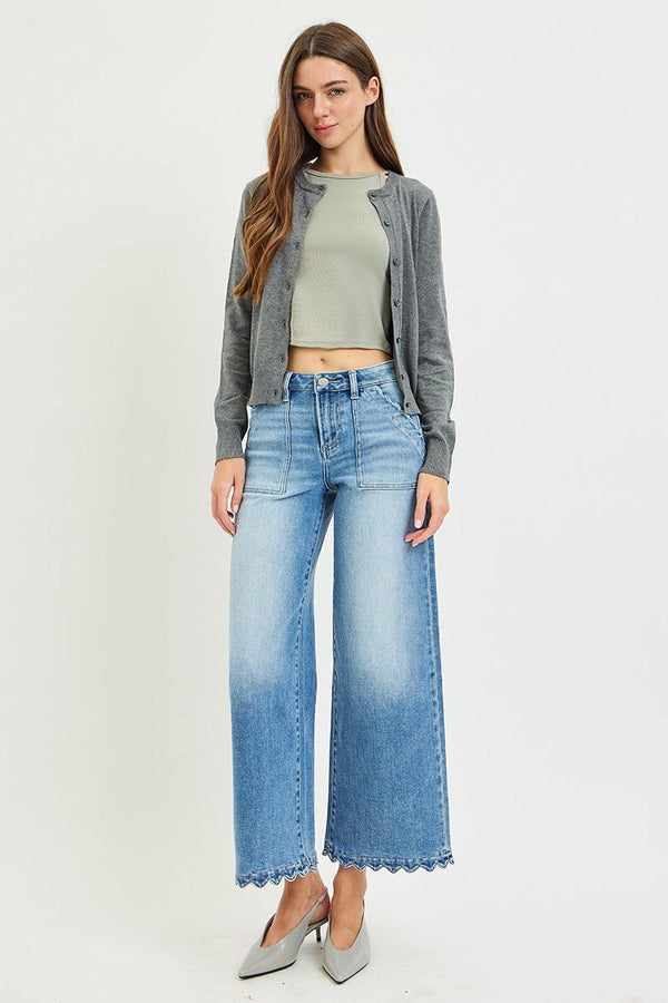 Risen High Rise Crop Wide Leg Jeans w/scallop Patch Pockets