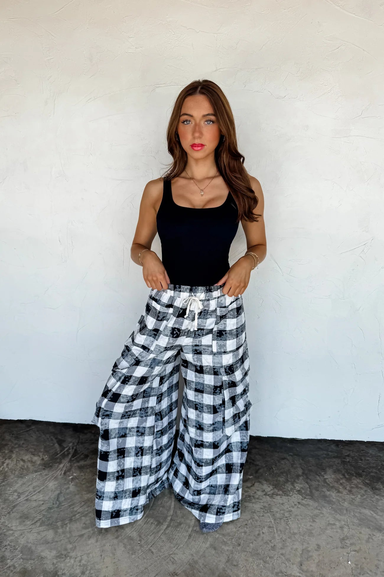 Blakeley Wide Leg Check Pants - Blush & Cactus