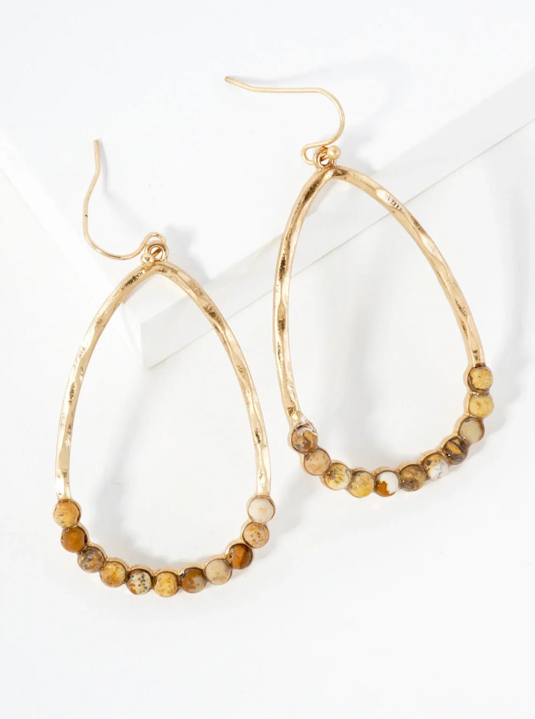 Semi - Precious Natural - Stone Beaded Hammered - Texture Teardrop Dangle Earrings - Blush & Cactus