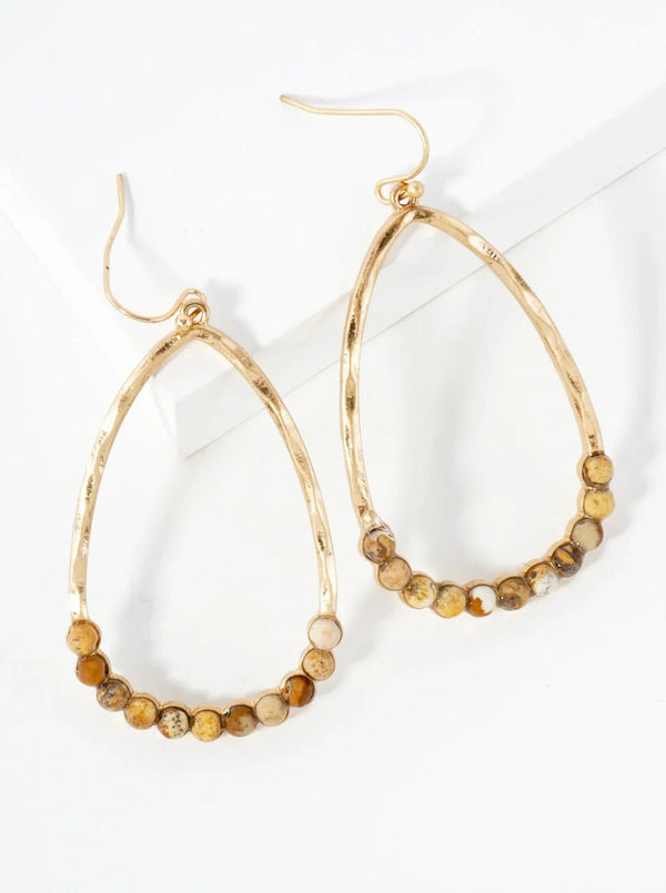 Semi - Precious Natural - Stone Beaded Hammered - Texture Teardrop Dangle Earrings - Blush & Cactus
