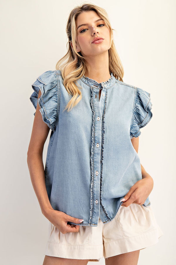 eesome Washed Ruffle Trim Flutter Sleeve Chambray Blouse
