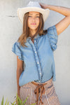 eesome Washed Ruffle Trim Flutter Sleeve Chambray Blouse