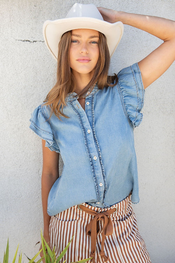 eesome Washed Ruffle Trim Flutter Sleeve Chambray Blouse