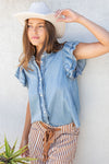 eesome Washed Ruffle Trim Flutter Sleeve Chambray Blouse