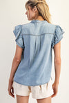 eesome Washed Ruffle Trim Flutter Sleeve Chambray Blouse