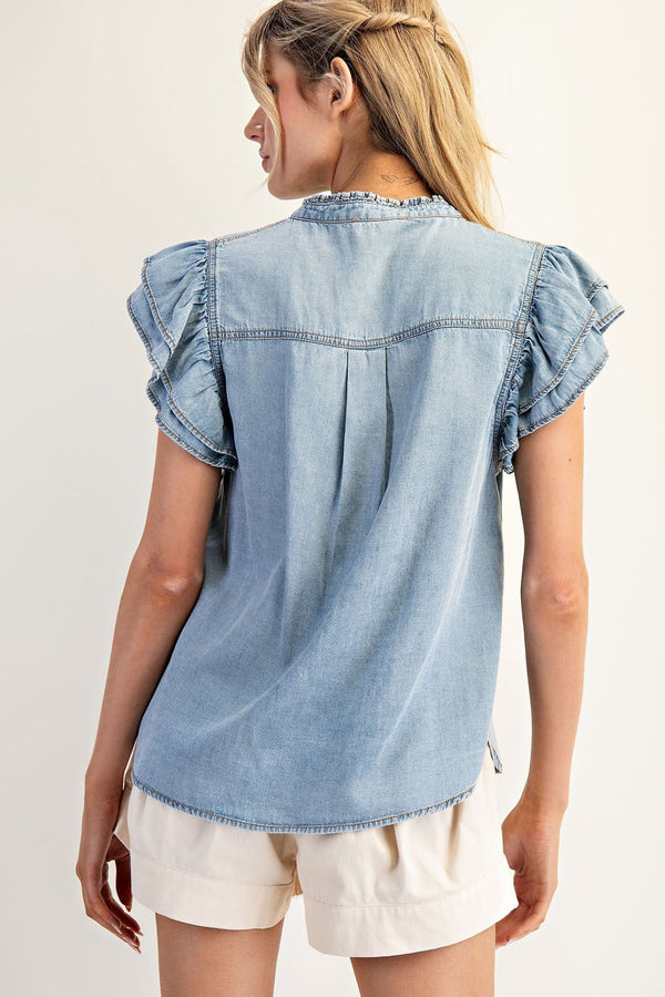 eesome Washed Ruffle Trim Flutter Sleeve Chambray Blouse