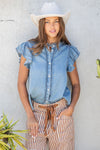 eesome Washed Ruffle Trim Flutter Sleeve Chambray Blouse