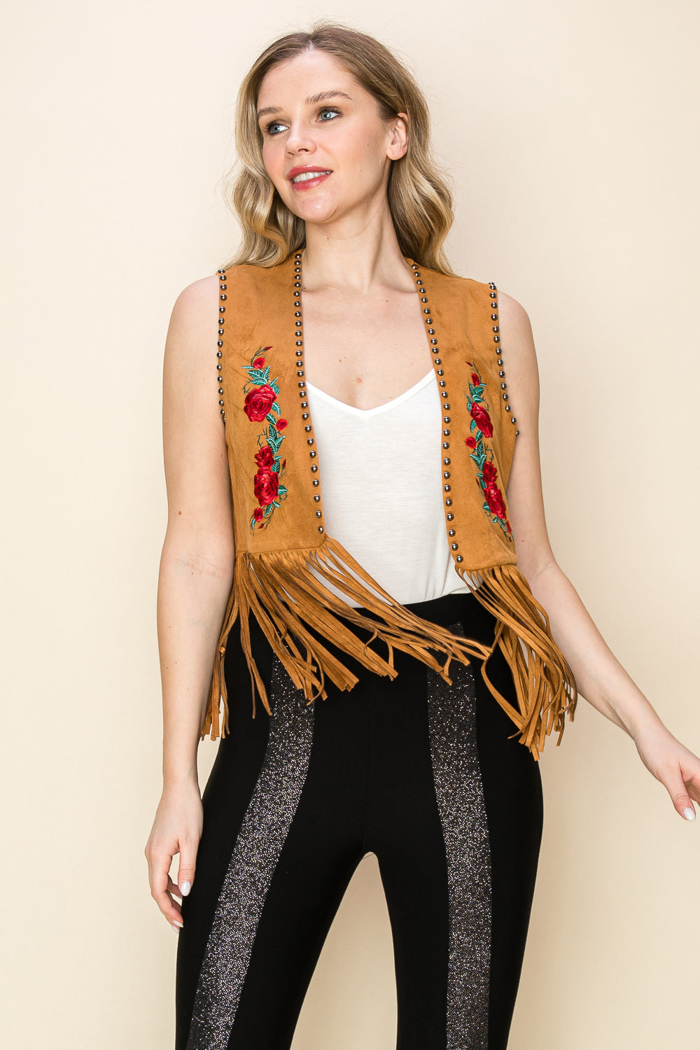Rose Embroidered Suede Vest with Fringes