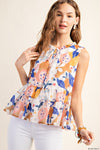 SALE KORI Tiered Sleeveless Floral Lined Top Ruffle Neck