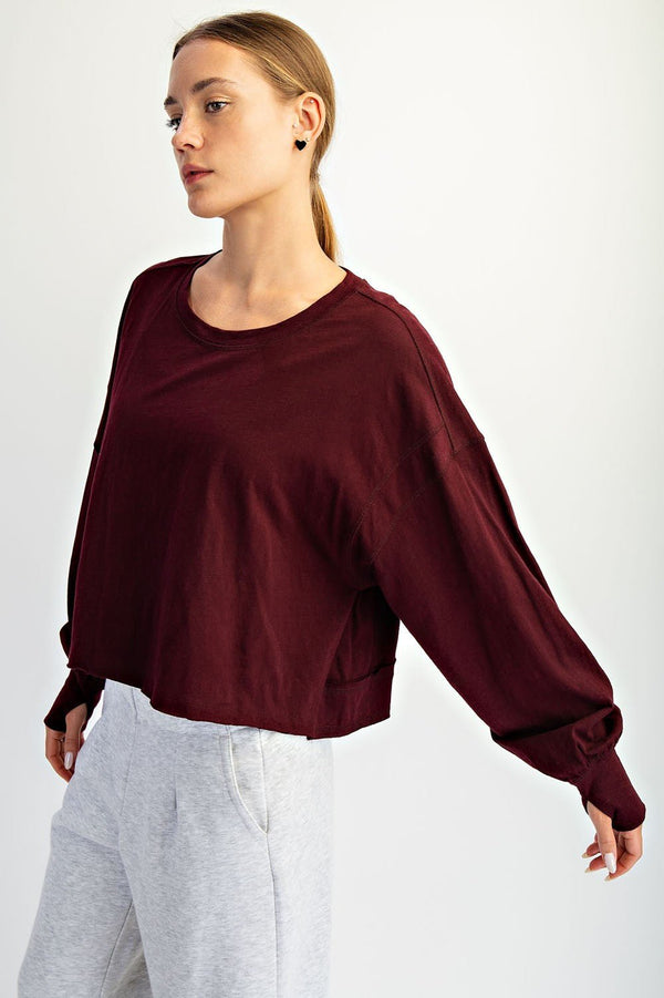 Cotton Slub Open Back Long Sleeve Top - Blush & Cactus
