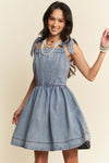 Davi & Dani Strap Smocking Zipper Washed out Denim Mini Dress