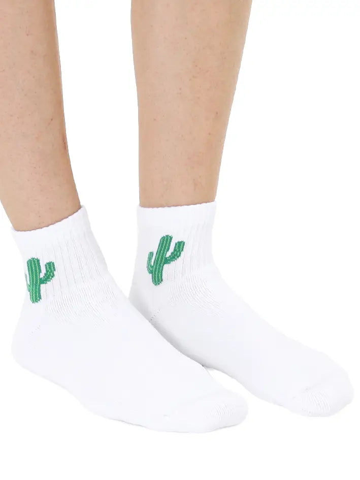 Classic Ankle Socks w/ Ribbed Tubing - Cactus - White