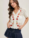 Floral Embroidered Button Down Knit Top
