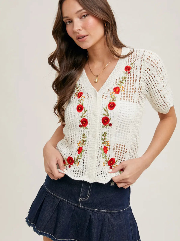 Floral Embroidered Button Down Knit Top