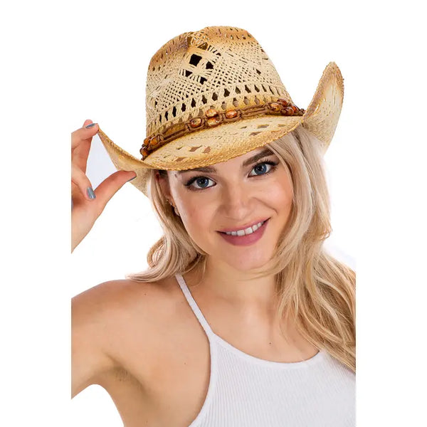 Lightly Beaded Vintage Burnt Crochet Straw Cowboy Hat