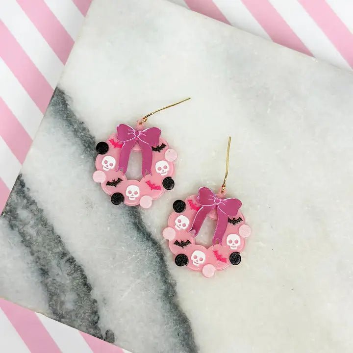 Pink Halloween Wreath Dangle Earrings - Blush & Cactus