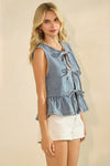 Veveret Tie Front Sleeveless Denim Top