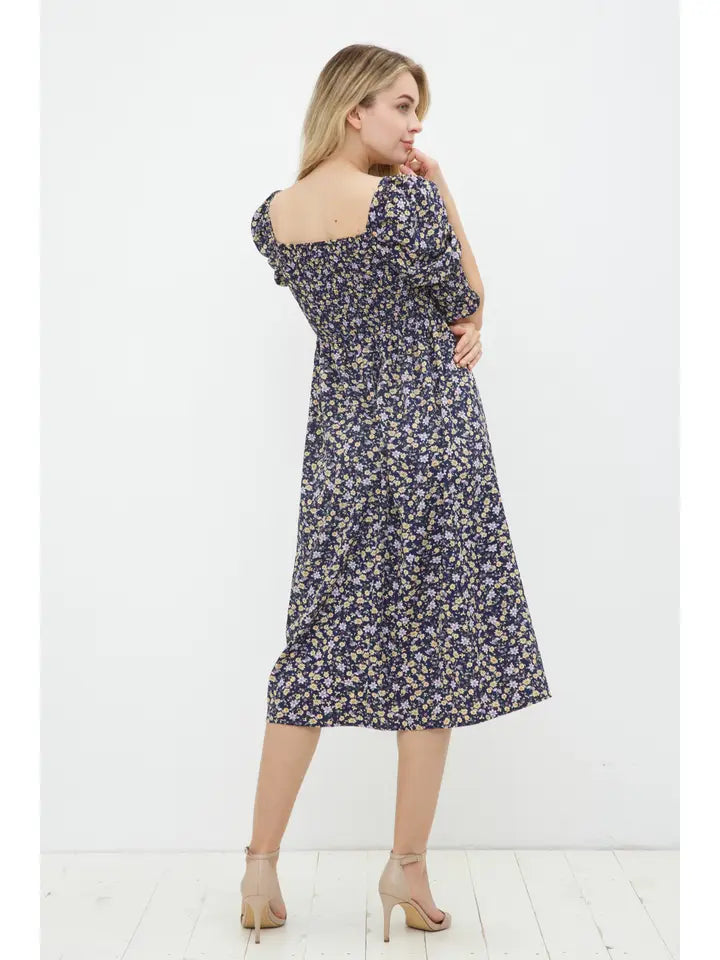 Blue B Floral Print Smocked Bodice Puff Midi Dress