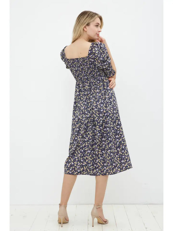 Blue B Floral Print Smocked Bodice Puff Midi Dress