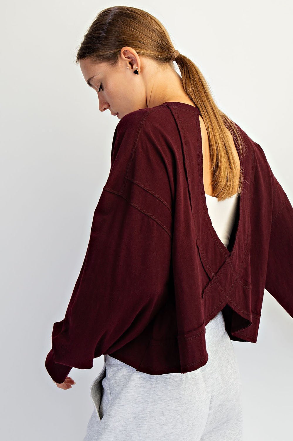 Cotton Slub Open Back Long Sleeve Top - Blush & Cactus