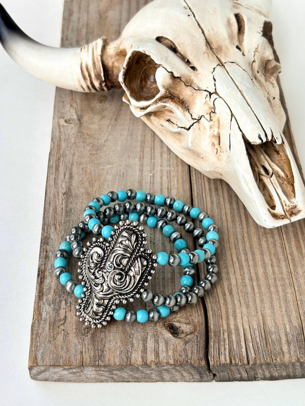 3 Layered Beaded Western Cactus Stretch Bracelet - Blush & Cactus