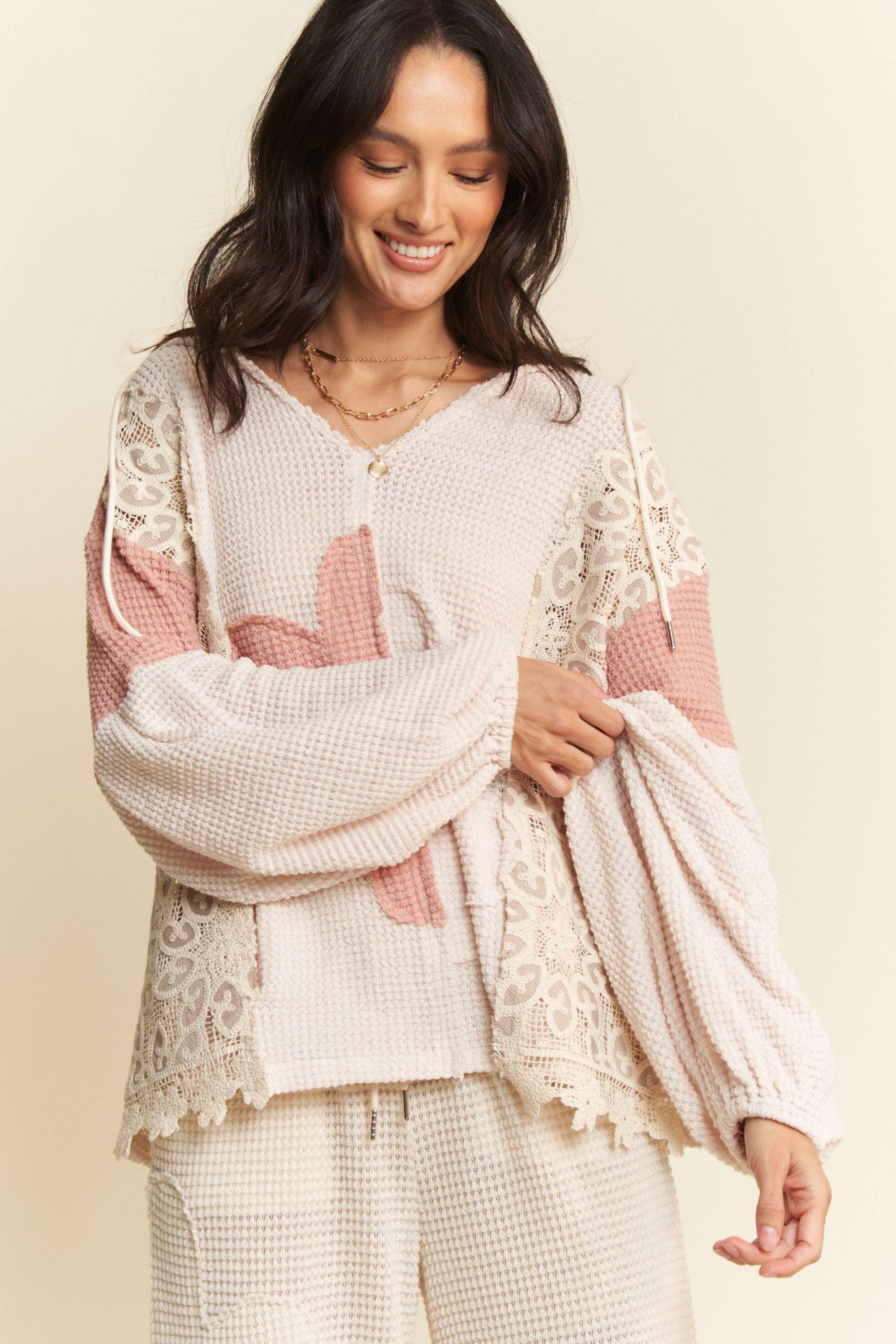 Davi & Dani Hoodie Oversized Knit Top with Flower Patch