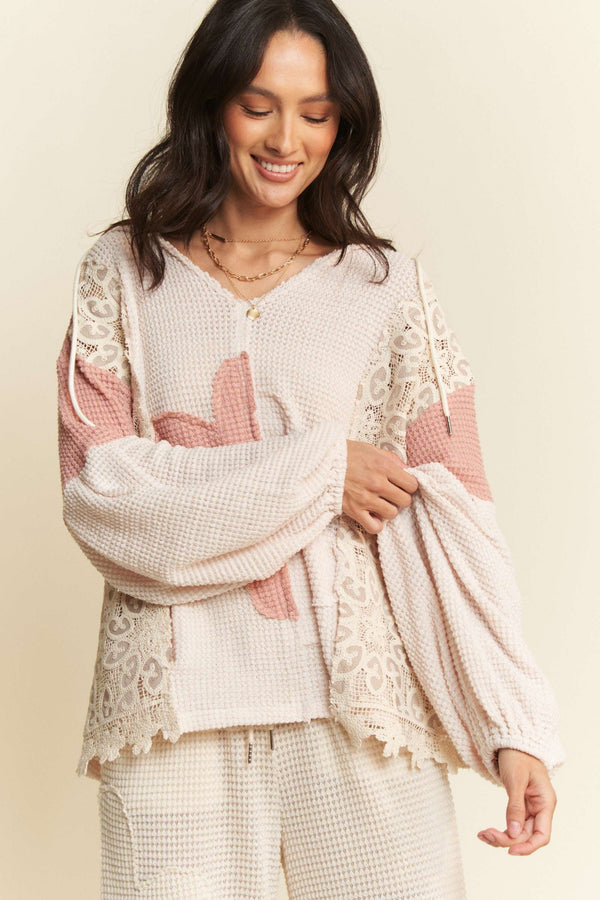 Davi & Dani Hoodie Oversized Knit Top with Flower Patch - Curvy Size