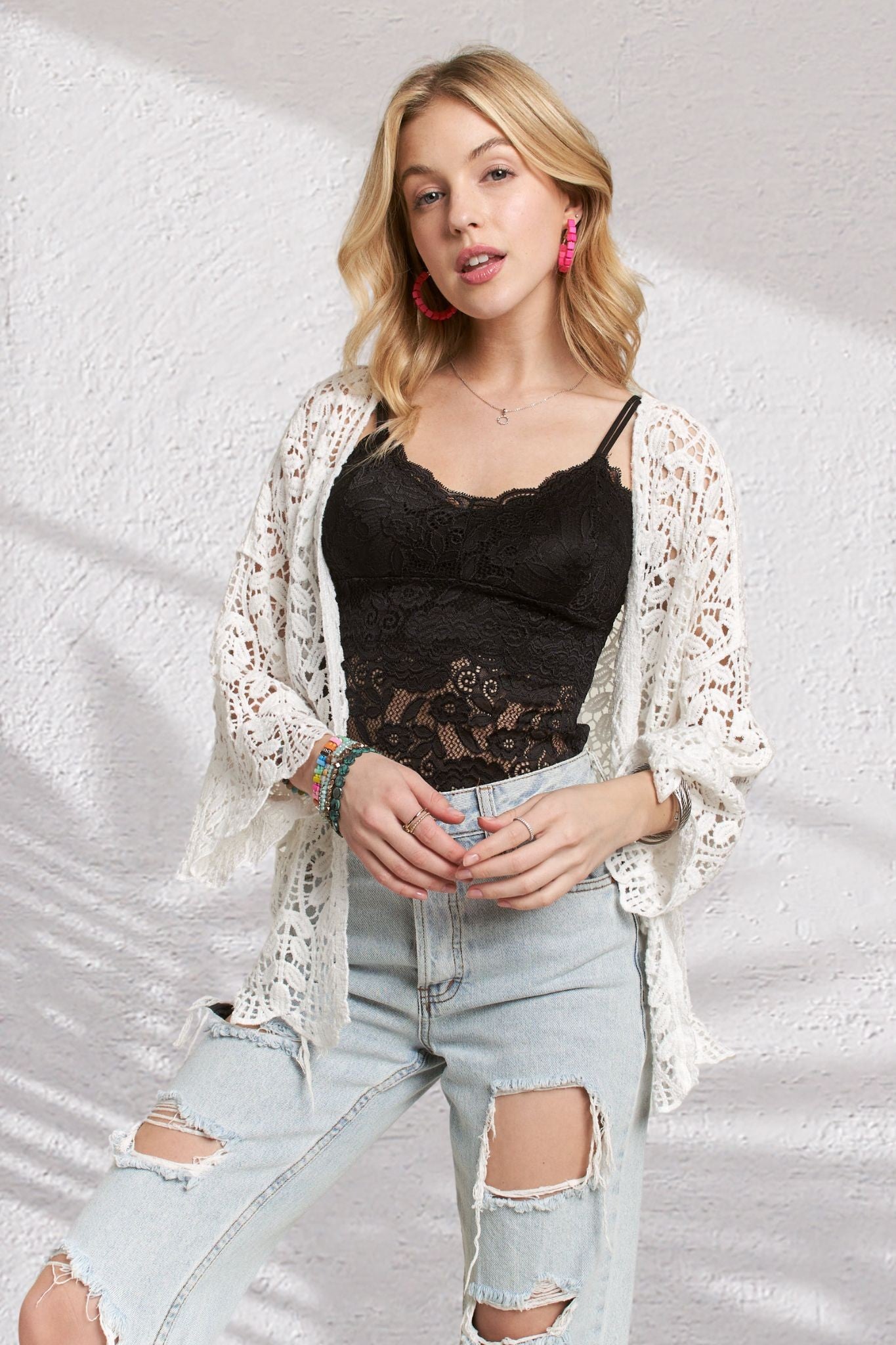 Adora Leaf Pattern Crochet Cardigan - Blush & Cactus