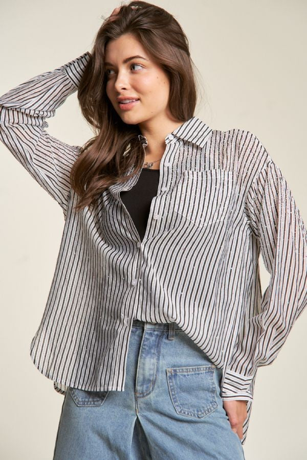 Stripe Rhinestone Button Long Sleeve Shirt - Curvy Size