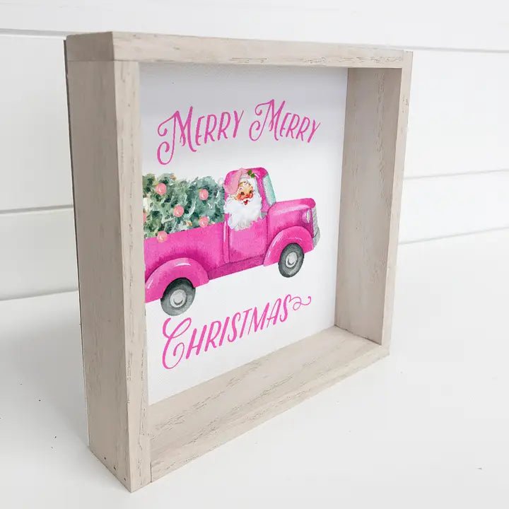 Pink Christmas Vintage Truck Wood Sign with Whitewash Frame - Blush & Cactus