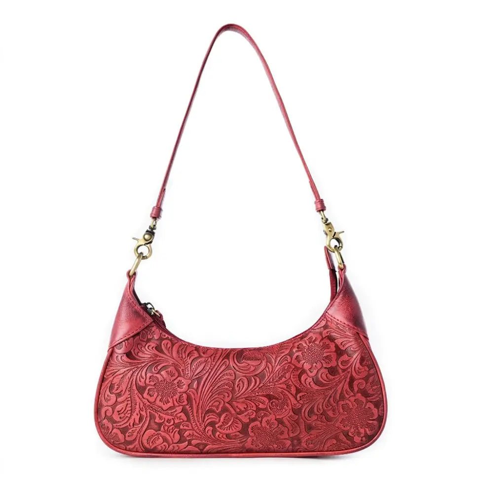 Heritage Vine Embossed Leather Bag For Women in Red with Shoulder Strap - Blush & Cactus