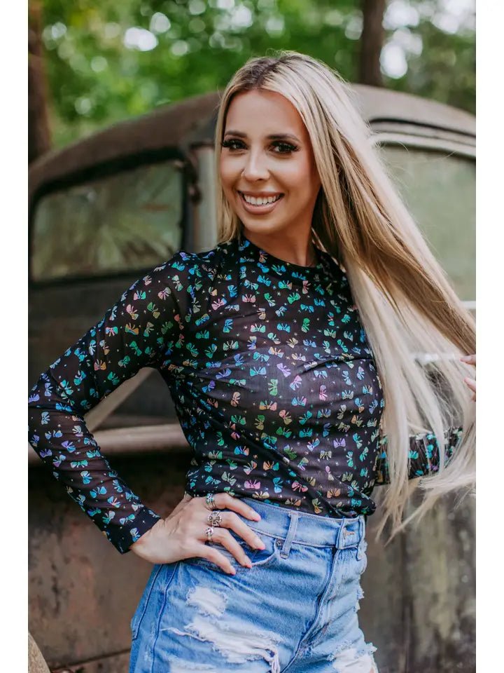 Prescott Printed Colorful Bow Mesh Top - Blush & Cactus