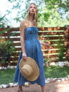 Strapless Shirred Tiered Denim Midi Sundress