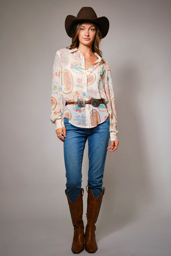 Blue B Western Print Chiffon Shirt - Blush & Cactus