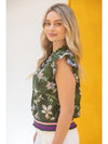 Stripe Ribbed Band Floral Print and Embroidered Top - Blush & Cactus