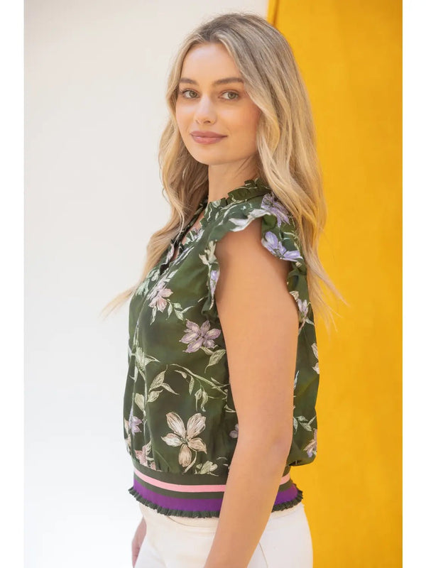 Stripe Ribbed Band Floral Print and Embroidered Top - Blush & Cactus
